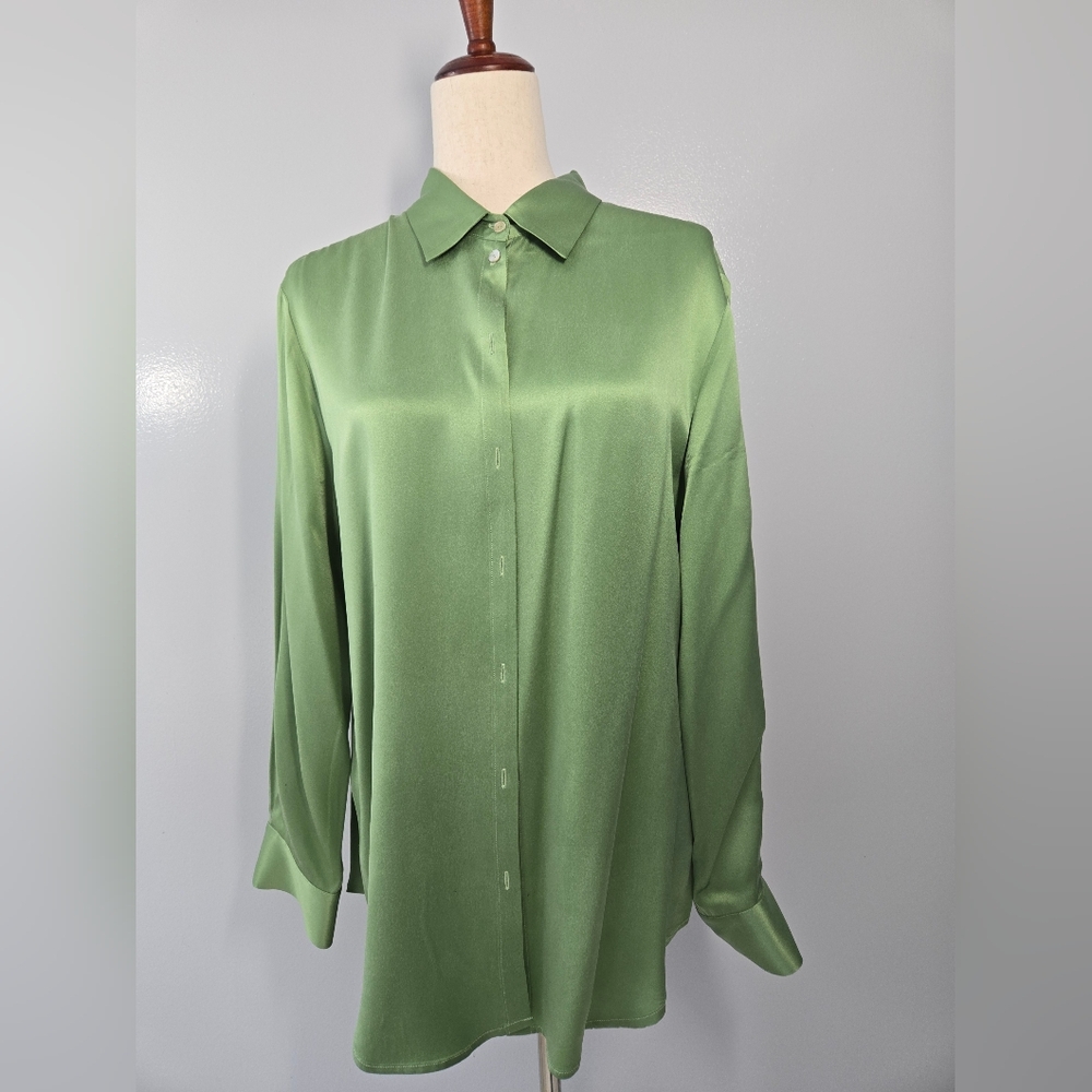 Asceno Green Silk Button Down Blouse, sM